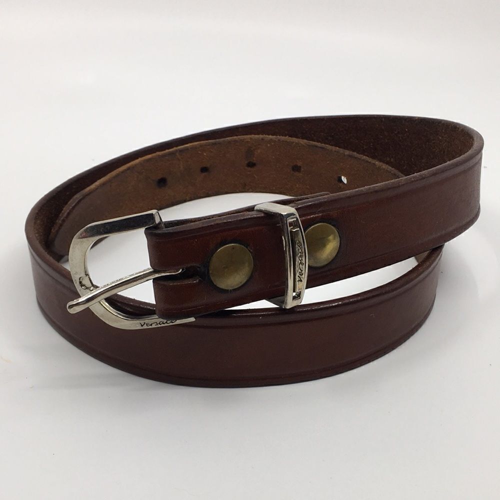 Vintage Cabelas cowhide leather belt brass grommets silver tone buckle Sz 32